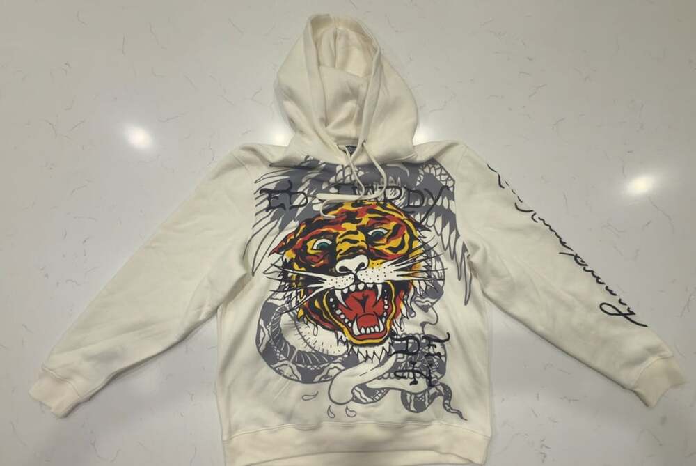 Ed Hardy Tiger and Snake Graphic Pullover Hoodie Ivory Size L